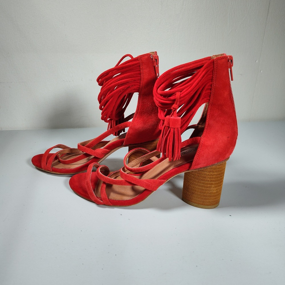 Jeffrey Campbell Despina Red Suede Strappy Tassel Wrap Block Heel Sandals Size 6